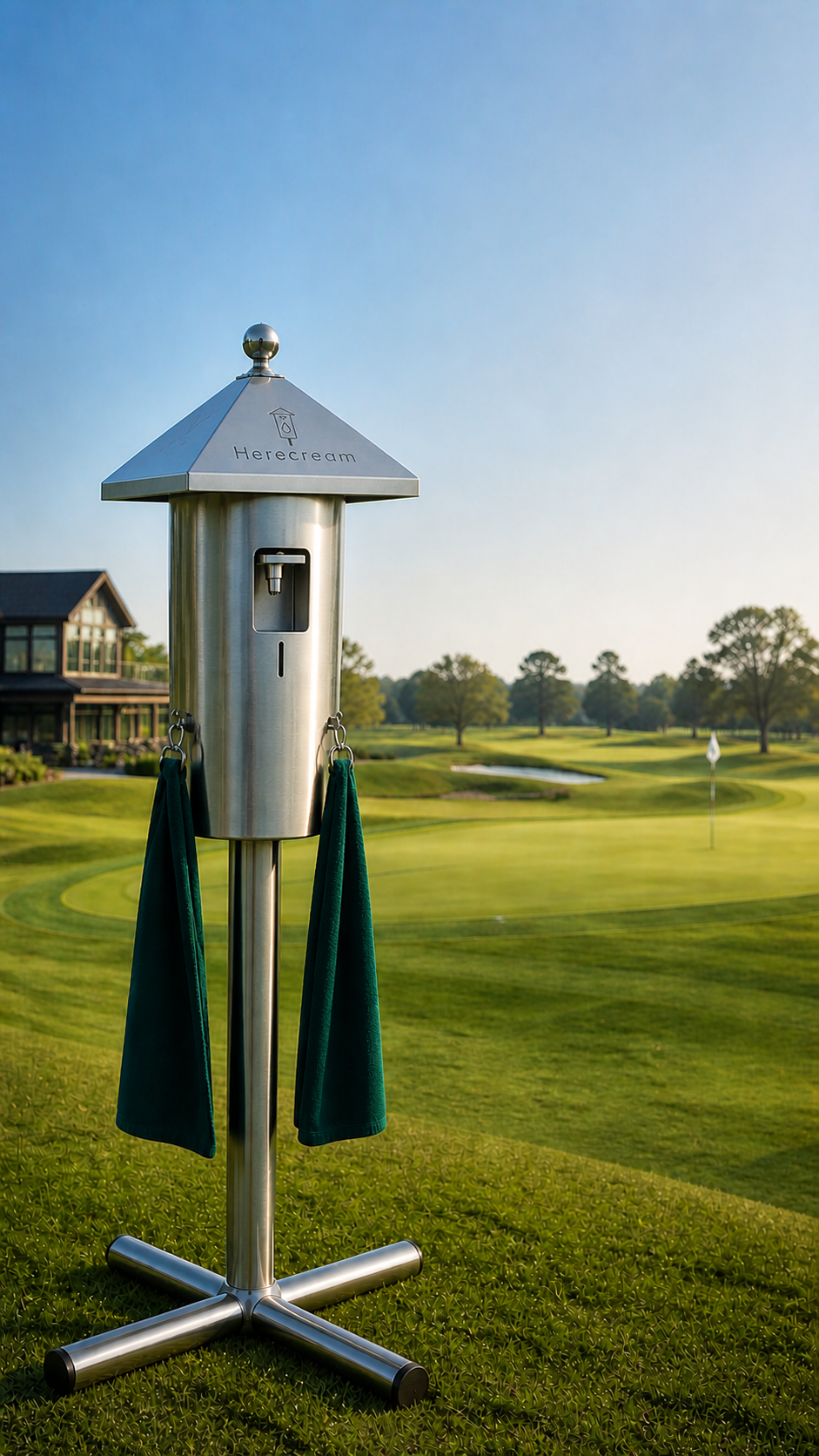 Dispensador Herecream integrado en un campo de golf al atardecer